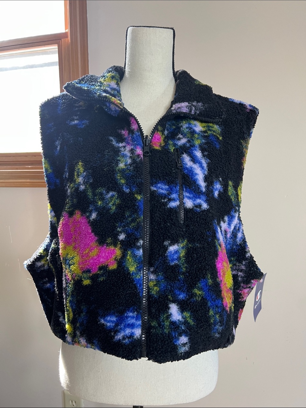🍁🍂🌸Champion Black Sherpa Zip Vest with Neon Tie-Dye Accents